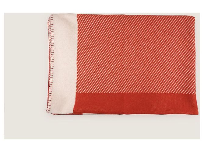 Hermès Avalon Decke Kaschmir Wolle Weiß Rot Orange - Ansicht 4