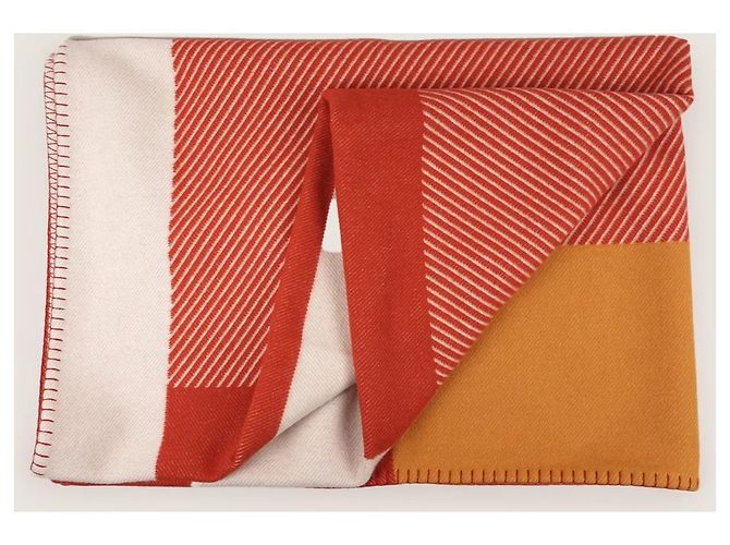 Hermès Avalon Decke Kaschmir Wolle Weiß Rot Orange - Ansicht 5
