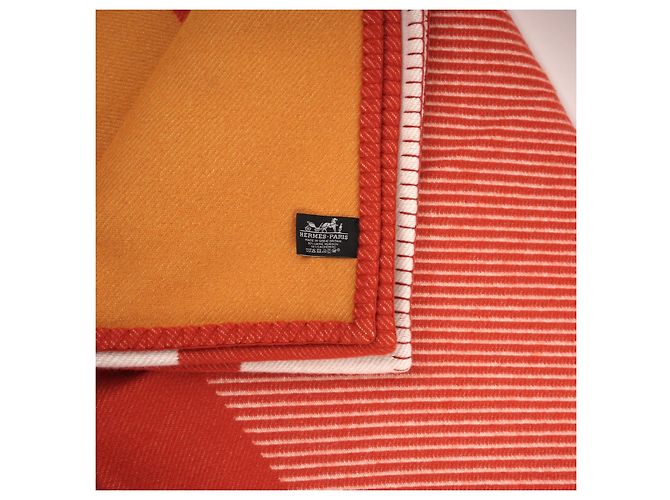 Hermès Avalon Decke Kaschmir Wolle Weiß Rot Orange - Ansicht 6