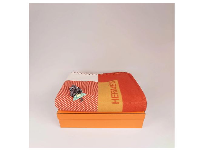 Hermès Avalon Decke Kaschmir Wolle Weiß Rot Orange - Ansicht 7