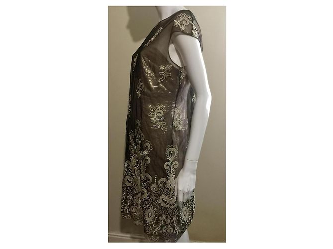 Marchesa Abito in pizzo ricamato e broccato in oro e nero D'oro Metallico - vista 5