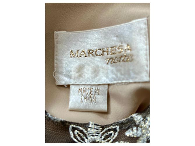 Marchesa Abito in pizzo ricamato e broccato in oro e nero D'oro Metallico - vista 7