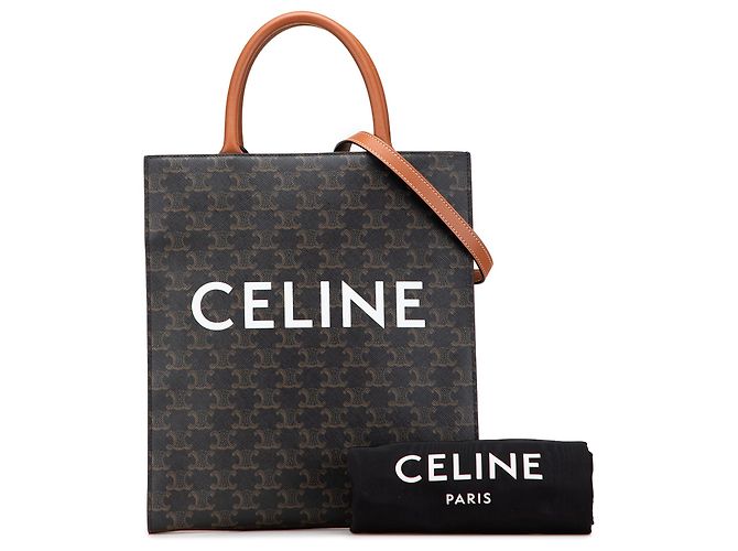 Céline Cabas vertical en toile enduite Triomphe petit modèle marron de Celine Marron foncé - vue 10
