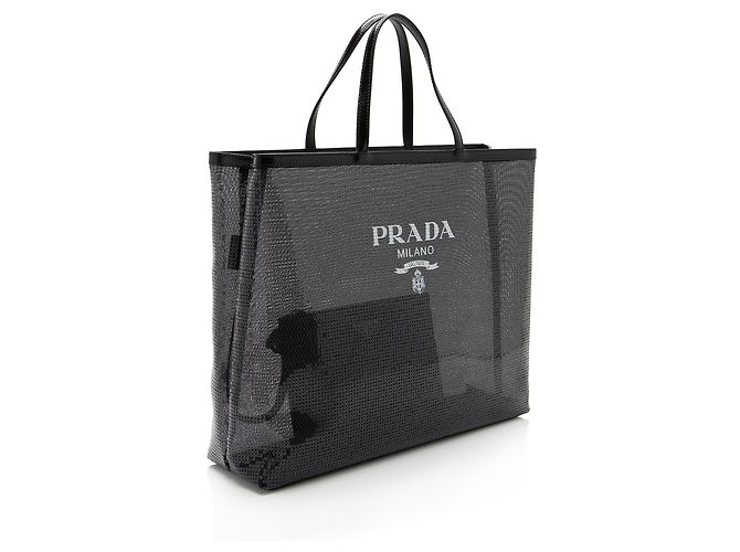 Grande Tote in Rete con Paillettes e Logo Prada Nero - vista 2