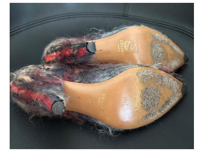 Sapatos de salto Céline V Neck em lã vermelha e preta Vermelho - vista 5