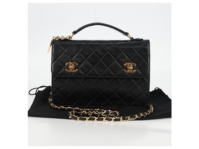 CHANEL Borsa a Spalla Matelassé in Pelle di Agnello 2 in 1 Nero Oro CC Auth 129737SV D'oro - vista 12