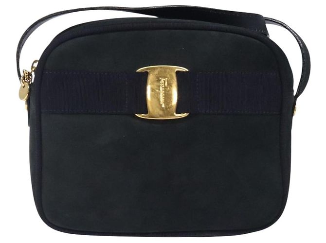Borsa a Spalla Vala in Camoscio Blu Navy e Oro Auth BA4188 di Salvatore Ferragamo D'oro - vista 2
