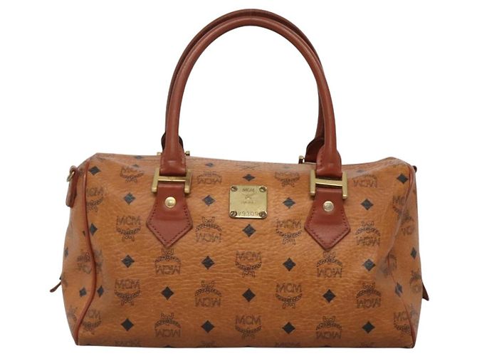 Borsa Boston MCM Logogram Vicetos in pelle PVC marrone e oro Auth BA4039 D'oro - vista 13