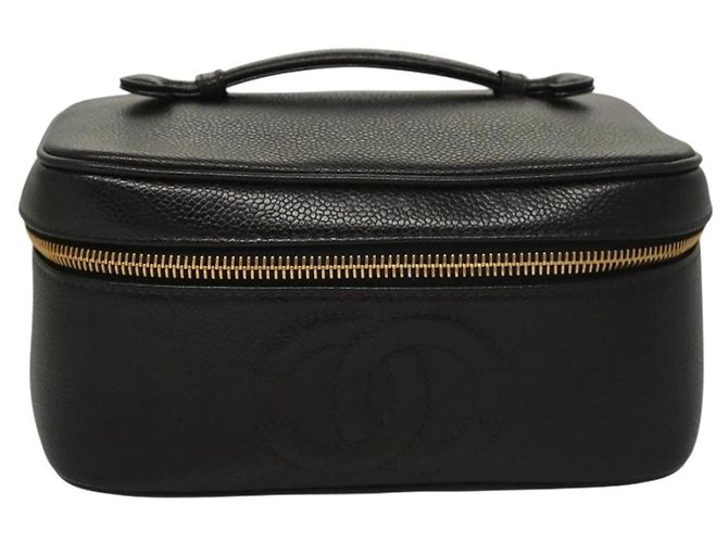 CHANEL COCO Marca Pochete Vanity Couro Caviar Preto Ouro CC Auth 134647 Dourado - vista 13