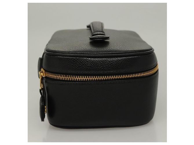 CHANEL COCO Marca Pochete Vanity Couro Caviar Preto Ouro CC Auth 134647 Dourado - vista 4