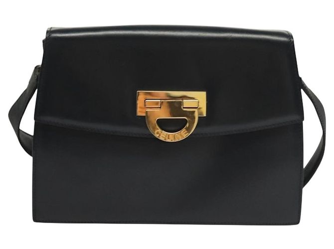 Céline Bolsa de Ombro CELINE em Couro Azul Marinho Dourado Auth 132947 - vista 13