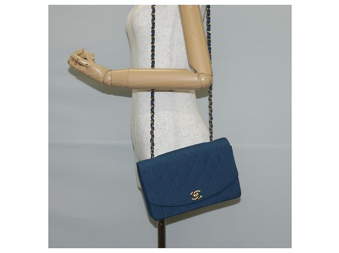 CHANEL Borsa a Spalla Diana Flap in Tela Blu Oro CC Auth 132485SM D'oro - vista 26
