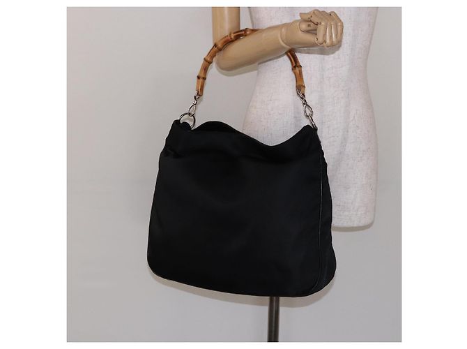 Borsa a mano in nylon nero e argento Gucci Bamboo 001 2123 1577 Auth ep9772 - vista 20