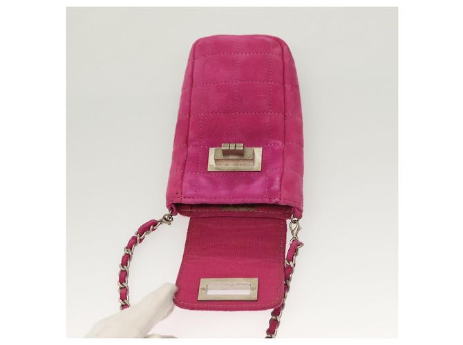 CHANEL Borsa a Spalla Choco Bar con Catena in Camoscio Rosa CC Auth 135452 - vista 10