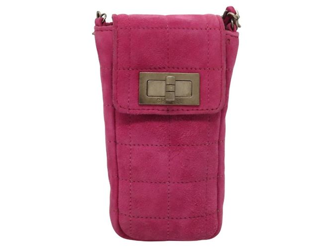 CHANEL Borsa a Spalla Choco Bar con Catena in Camoscio Rosa CC Auth 135452 - vista 13