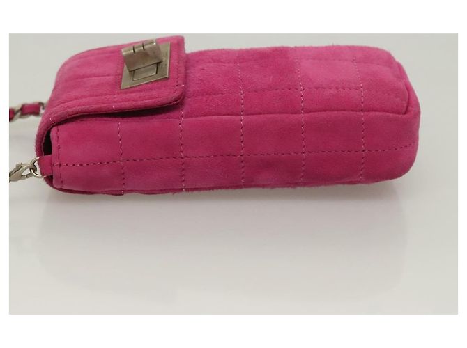 CHANEL Borsa a Spalla Choco Bar con Catena in Camoscio Rosa CC Auth 135452 - vista 4