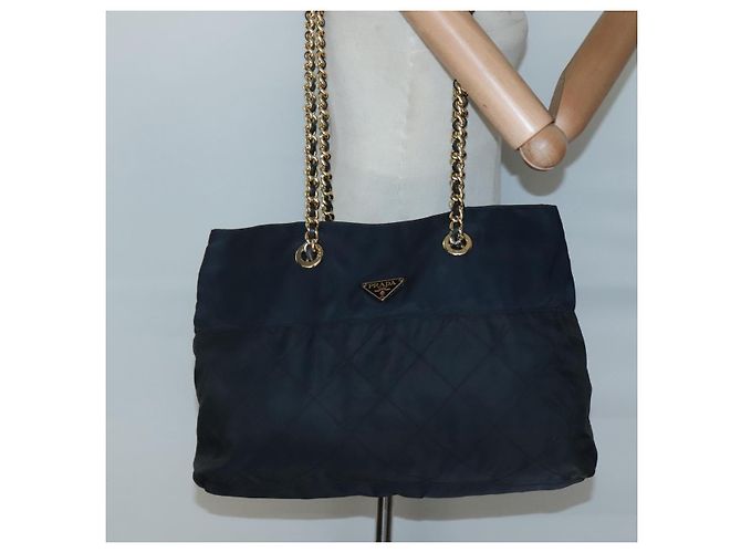 Borsa a Spalla con Catena PRADA in Nylon Blu Navy Oro Auth sw1307 D'oro - vista 23