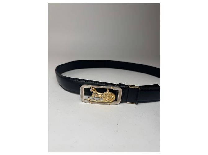 Céline Schwarzer Leder-Gürtel mit Vintage Celine Paris Wagenlogo - Ansicht 2