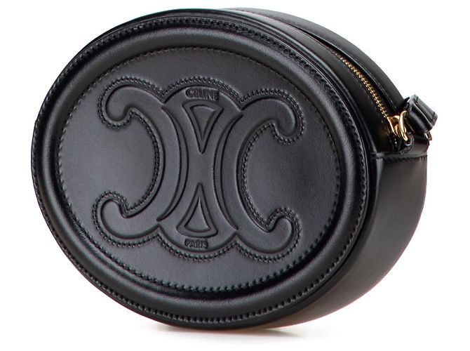 Céline Celine Piccola Borsa a Tracolla Oval Triomphe in Pelle di Vitello Nera Nero - vista 2