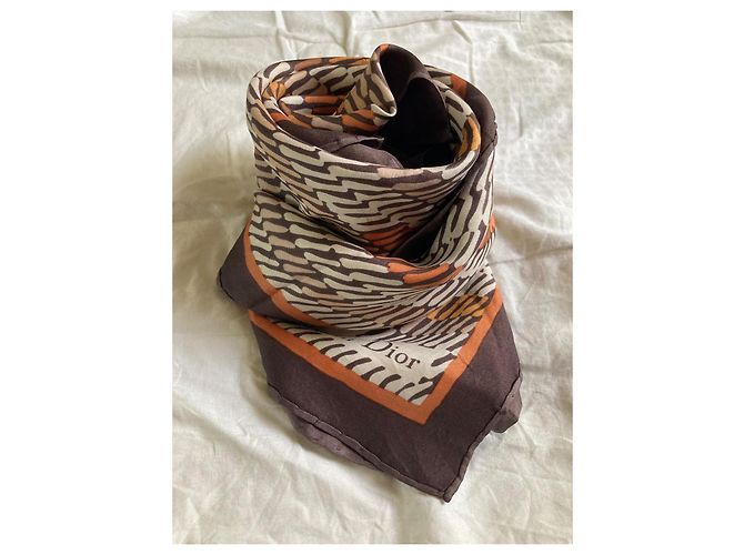 Foulard Christian Dior in seta marrone arancione beige - vista 2