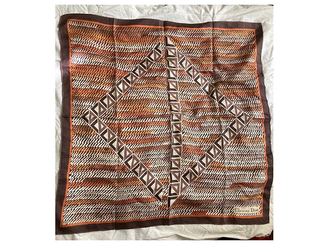 Foulard Christian Dior in seta marrone arancione beige - vista 4