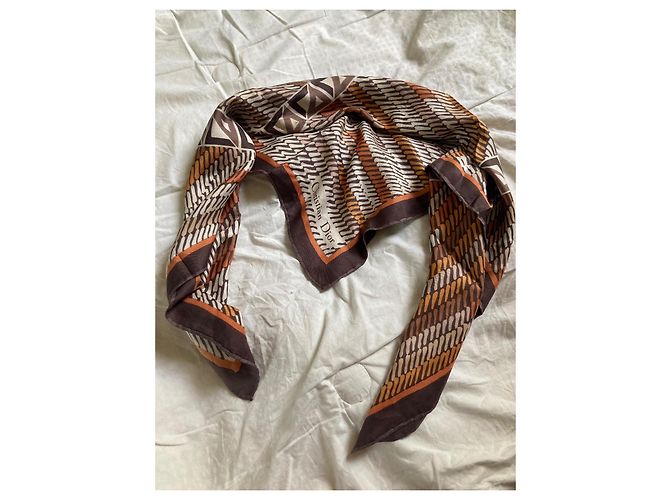 Foulard Christian Dior in seta marrone arancione beige - vista 5