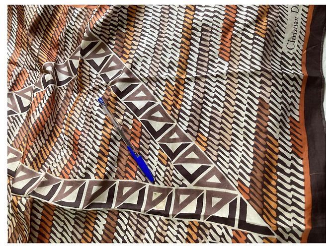 Foulard Christian Dior in seta marrone arancione beige - vista 6