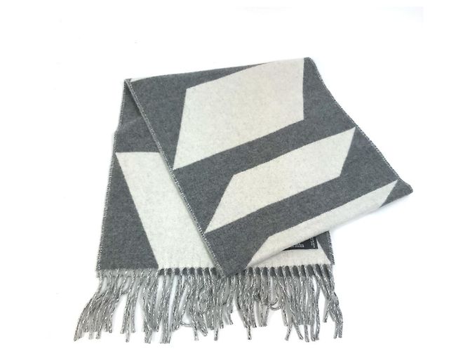 Hermès Sciarpa in cashmere bicolore con frange ottiche HERMES Kazak Marrone Bianco - vista 2