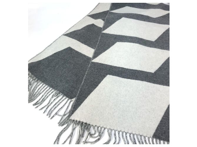 Hermès Sciarpa in cashmere bicolore con frange ottiche HERMES Kazak Marrone Bianco - vista 3
