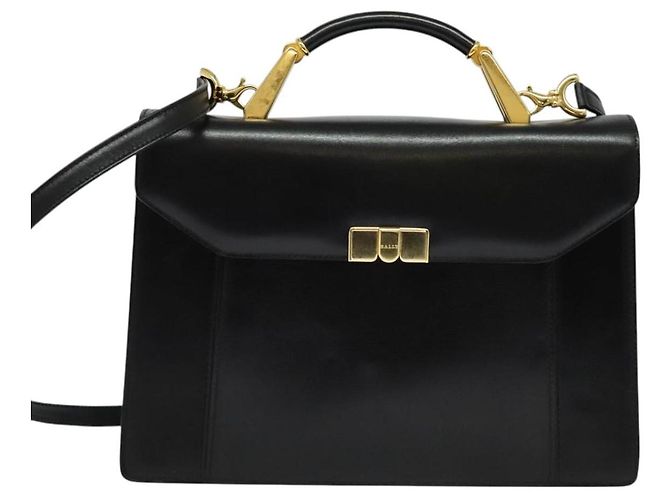BALLY Bolso de mano de cuero 2 vías Negro Oro Auth sw1155 Dorado - vista 2
