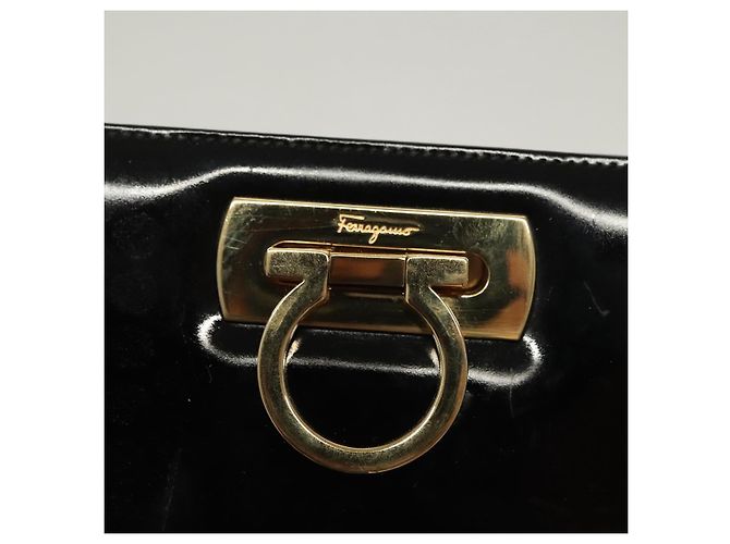 Bolso de Hombro Gancini Chain Salvatore Ferragamo Esmalte Negro Plata Auth 135991 - vista 14