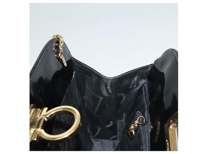 Bolso de Hombro Gancini Chain Salvatore Ferragamo Esmalte Negro Plata Auth 135991 - vista 17