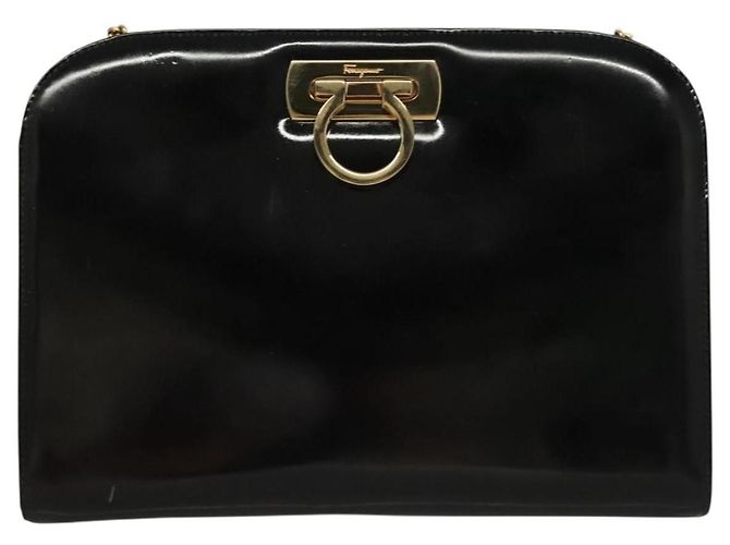 Bolso de Hombro Gancini Chain Salvatore Ferragamo Esmalte Negro Plata Auth 135991 - vista 2