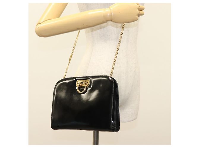 Bolso de Hombro Gancini Chain Salvatore Ferragamo Esmalte Negro Plata Auth 135991 - vista 20
