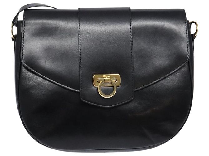 Borsa a Spalla Gancini in Pelle Nera e Oro Auth BA4219 di Salvatore Ferragamo Nero D'oro - vista 2