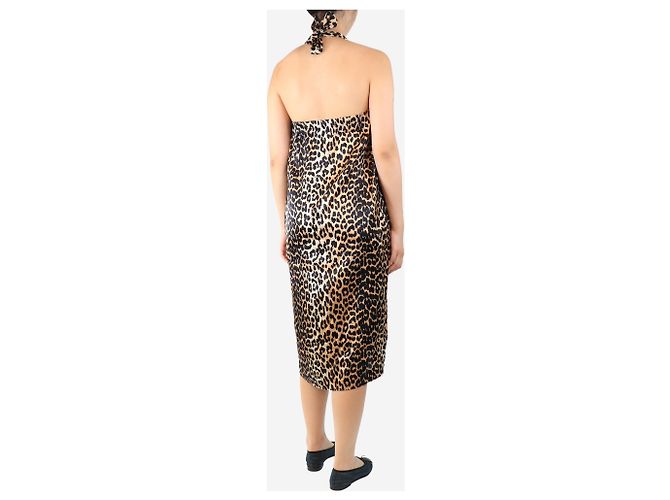 Ganni Vestido de seda con cuello halter de estampado de leopardo neutro - talla UK 10 - vista 2