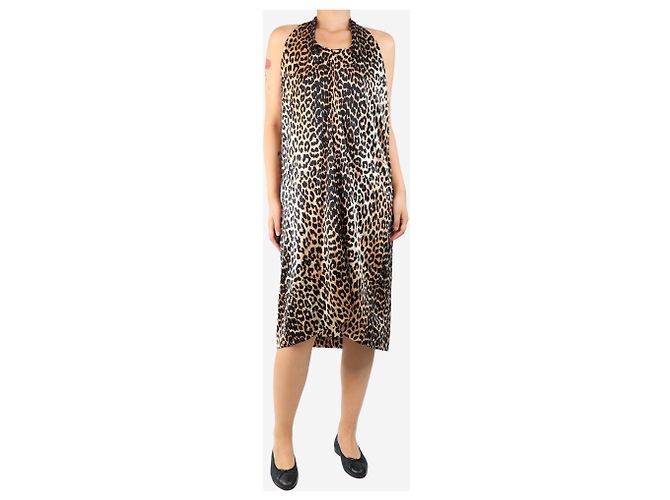 Ganni Vestido de seda con cuello halter de estampado de leopardo neutro - talla UK 10 - vista 3
