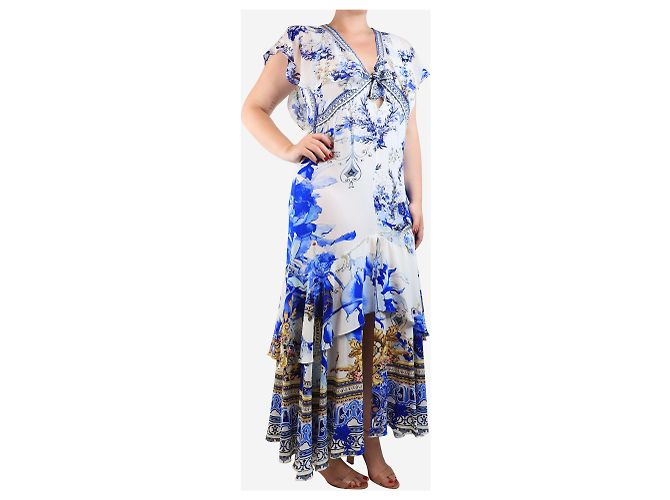 Camilla Blaues Blumen-Seidenkleid mit Diamanten - Größe M - Ansicht 3