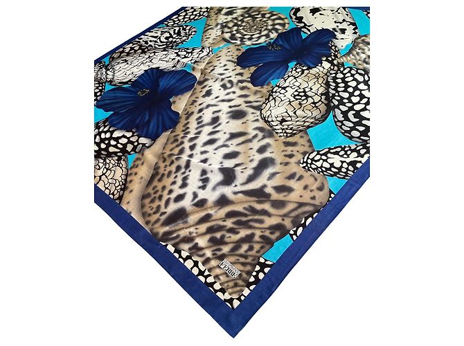 Paréo Gianfranco Ferré anni '90 in cotone stampato con fiori tropicali e conchiglie Nero Blu Multicolore Turchese - vista 2