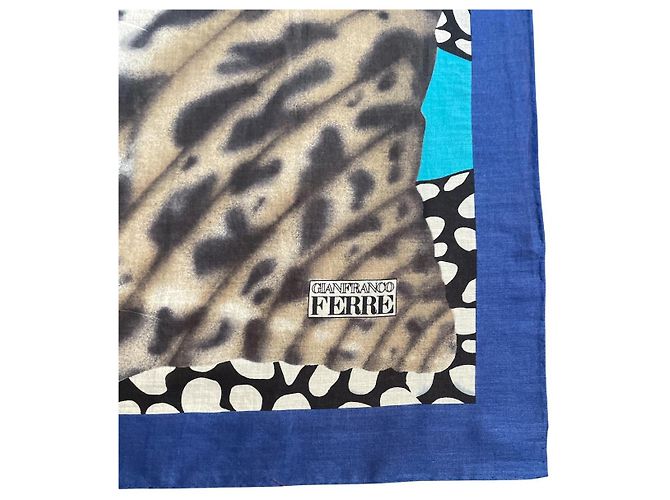 Paréo Gianfranco Ferré anni '90 in cotone stampato con fiori tropicali e conchiglie Nero Blu Multicolore Turchese - vista 3
