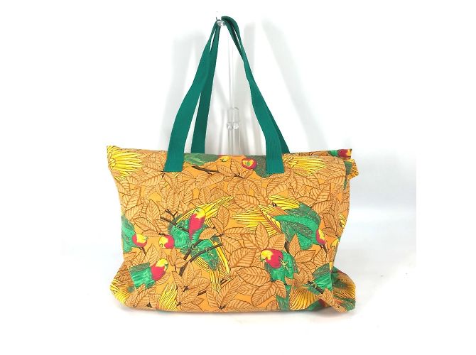 Hermès HERMES Große Vintage Schultertasche aus Canvas mit Vogelmotiv Grün Orange - Ansicht 2