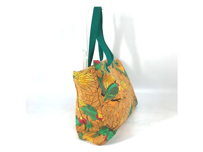Hermès HERMES Große Vintage Schultertasche aus Canvas mit Vogelmotiv Grün Orange - Ansicht 3