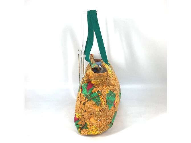 Hermès HERMES Große Vintage Schultertasche aus Canvas mit Vogelmotiv Grün Orange - Ansicht 4