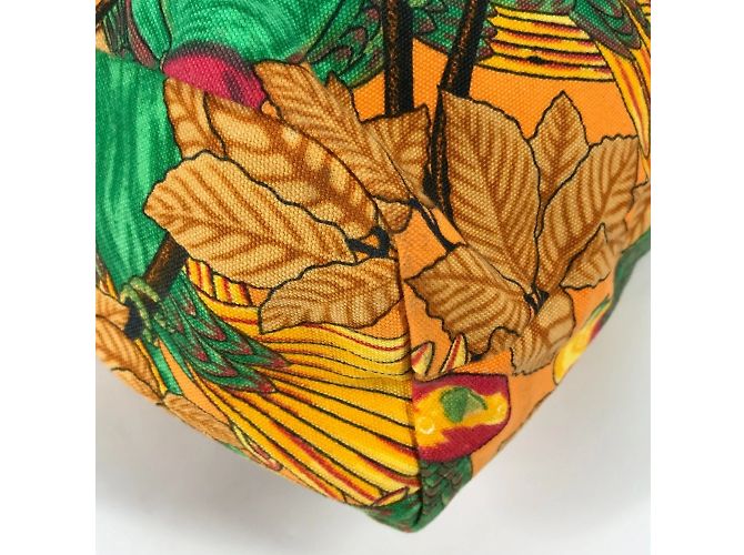 Hermès HERMES Große Vintage Schultertasche aus Canvas mit Vogelmotiv Grün Orange - Ansicht 6