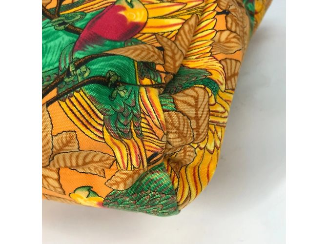 Hermès HERMES Große Vintage Schultertasche aus Canvas mit Vogelmotiv Grün Orange - Ansicht 7