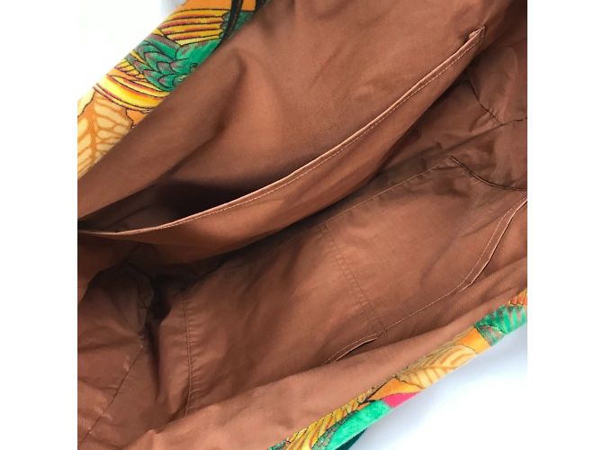 Hermès HERMES Große Vintage Schultertasche aus Canvas mit Vogelmotiv Grün Orange - Ansicht 9