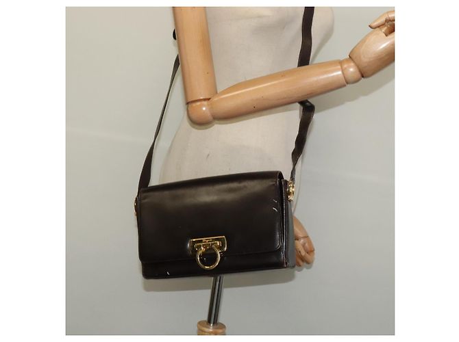 Borsa a Spalla Gancini in Pelle Marrone Oro Auth 133270 di Salvatore Ferragamo - vista 14