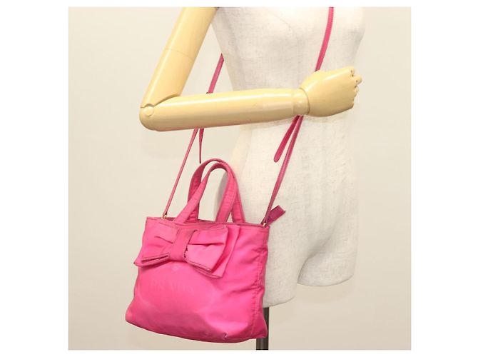 PRADA Borsa a Mano Nylon 2 vie Rosa Oro Auth 135626 D'oro - vista 24