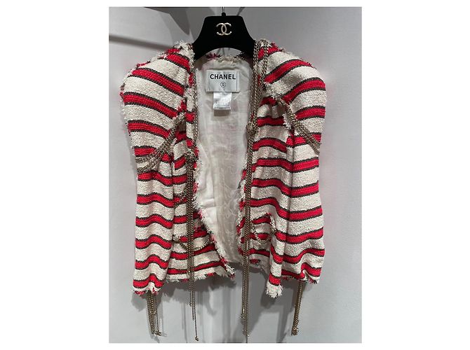 Chanel Jacke Rot Weiß mit Silbernen Ketten Größe 36 - Ansicht 2