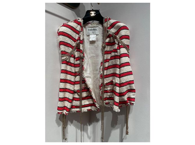 Chanel Jacke Rot Weiß mit Silbernen Ketten Größe 36 - Ansicht 3